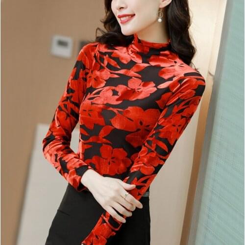 TingYiLi Floral Velvet Turtleneck Top Women Spring Autumn Vintage Velour Blouse Elegant Office Ladies Long Sleeve Bodycon Tops