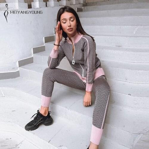 MEIYANGYOUNG stripe Knit Two Piece Sets Women Zipper Turtleneck Cardigan Sweater Tracksuits Autumn Winter Cardigans+ Harem Pants
