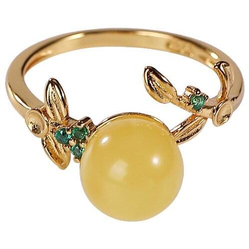 S925 sterling silver gold-plated natural amber ring personality affordable luxury elegant leaves Womens Open ring