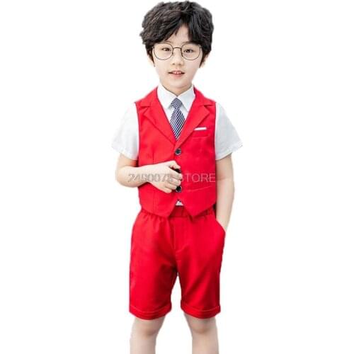 2020 Kids Hawaii Vest +Shorts+Tie 3Pcs Suit Flower Boys Formal Birthday Tuxedos Kids Spring School Host Dance Suit Clothing Set