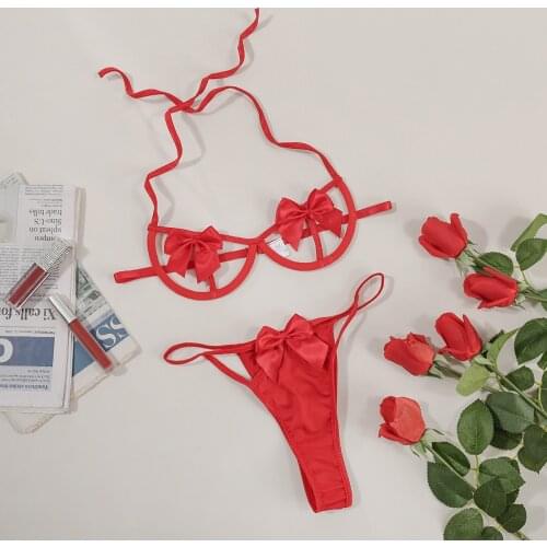 Bowknot Thong Lingerie Sets Sexy Fashion Lace Underwear Sleepwear Steel Ring Pajamas Garter sous vetement femme ensemble d4