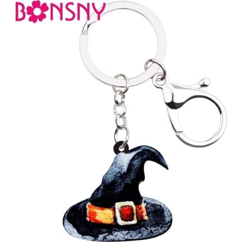 Bonsny Acrylic Halloween Magical Hat Key Chains Keychains Ring Cute Decoration Bag Car Purse Charms Jewelry For Women Girls Gift