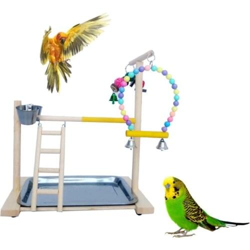 Wooden Bird Perch Stand Parrot Platform Playground Exercise Gym Playstand Ladder Toys with Feeder Cups Stainless Steel Tray