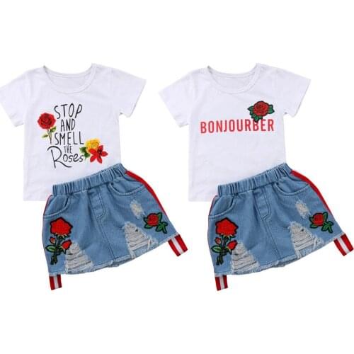 2pcs Toddler Baby Girl Rose Outfits T-shirt Tops+Denim Ripped Skirts Kid Party Clothes
