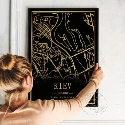 Kiev Black Golden Image Line Art Prints, Ukraine Kiev Vintage Map Poster, Nordic Geography Location Education Wall Home Decor