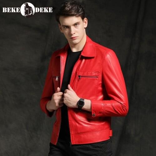 Mens New Fashion Genuine Leather Biker Jacket Turn-Down Collar Zippers Pockets Vintage High Street Male Short Slim Casual Coat
