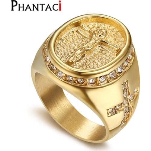 No Fade Peace Jesus Cross Stainless Steel Men Ring Gold Color Crystal Hiphop Christian Mens Big Rings Man Jewelry High Quality