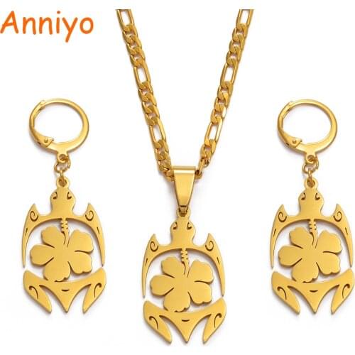 Anniyo Tortoise Jewelry set Hawaiian Flowers Gold Color Turtle Necklace Earrings Micronesia Hawaii Gifts for Women Girls #121221