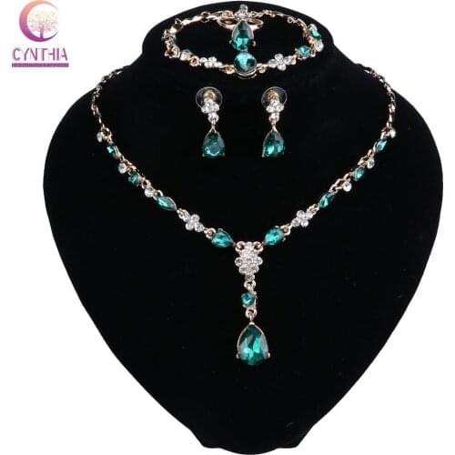 Gold Color Crystal Bridal Jewelry Sets Wedding Jewelry Green Water Drop Pendant Necklace Ring Earrings Bracelet Sets