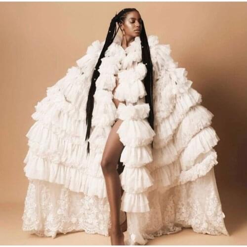 Unique White Long Tulle Women Cape Floor Length Ruffles Tiered Tulle Women Outfit Fashion Lace Women Dress Clothing