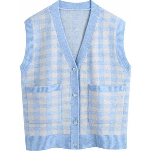 2021 New Fashion Women Patch Pocket Knitting Plaid Sweater Female V Neck Sleeveless Pullover Casual Lady Loose Tops SW1152
