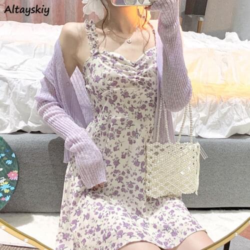 Dresses Women Sweet Korean Style Girls Floral Spaghetti Straps High-waist Summer Elasticity Mini Vestdios Female Japan Version