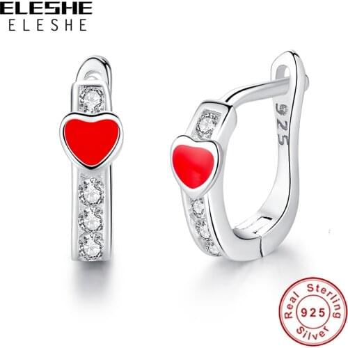 ELESHE Lovely Red Enamel Small Heart Crystal Stud Earrings for Women Girls Kids 925 Sterling Silver Earrings Christmas Jewelry