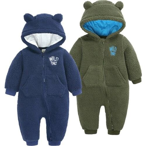 Autumn Winter Thicken Warm Newborn Baby Romper Cute Plush Bear Hooded Infant Girls Jumpsuit Fashion Toddler Boy Crawling Clothes