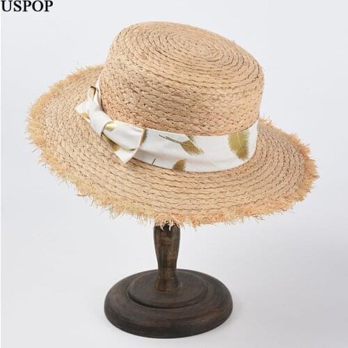 USPOP Women Raffia Sun Hat Spring Summer Natural Straw Hat Feather Print Bowknot Raffia Straw Hat Beach Hat Sunshade