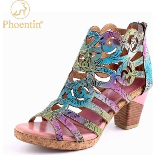 Phoentin Womens Hand-painted Retro Sandals 2021 Summer Genuine Leather gladiator Shoes back Zip Casual Handmade Sandals FT1426