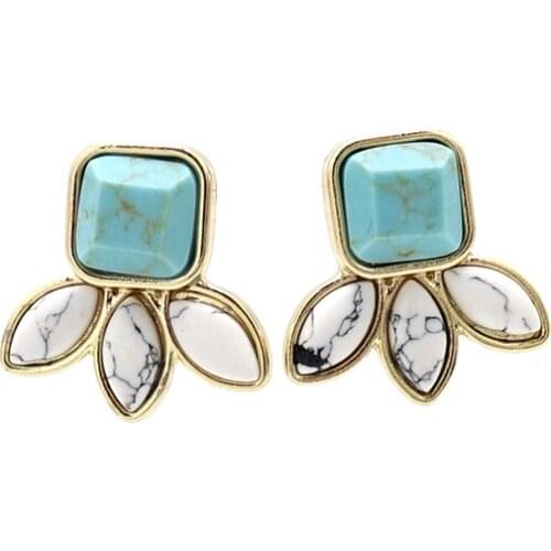 Square Marble Stone 3 leaves White Stone Stud Earrings for Women