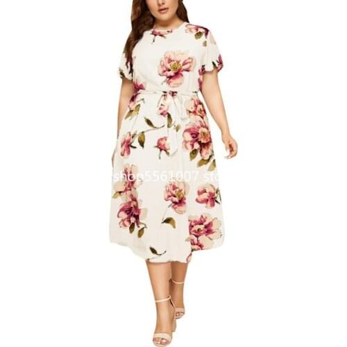 2021 Summer Fashion Style Women Short Sleeve Printing O-neck Knee-length Dress Woman Dress White Dress L-5XL