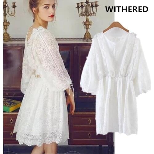 Jenny&Dave women plus size summer dress vestidos vintage white batwing sleeve lace hollow out on back collect waist party