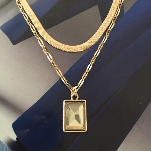 Bohemia Gold Color Plating Light Champagne Sqaure Stone Snake Chain Layered Necklace For Women Girl Elegant Gorgeous Jewelry