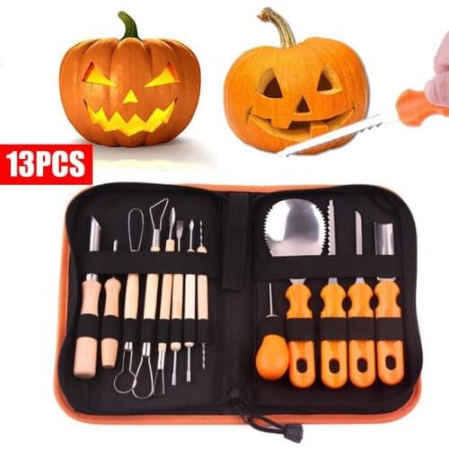 13PCS Halloween Pumpkin Engraving Knife Set Carving Tool Kit with Portable Storage Bag Fruit Vegetable Kitchen Cutting Stencils