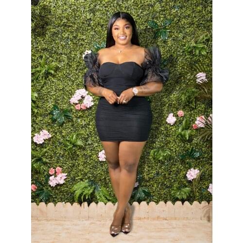 2021 fashionable and high-quality mesh bubble short sleeves, with a solid color slim-fit buttocks dress on the chest