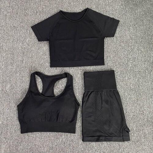 3pcs Seamless Women Yoga Suit Long Sleeve Crop Top Yoga Bra Shorts Shirts High Waist Running Leggings Workout Sports Set