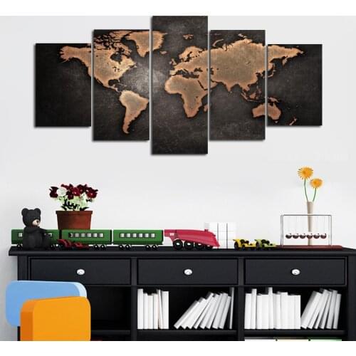 5 Panels Black World Map Canvas Art Wall Paintings For Living Room Abstract Modular Map Picture Wall Decorative Canvas Art Decor