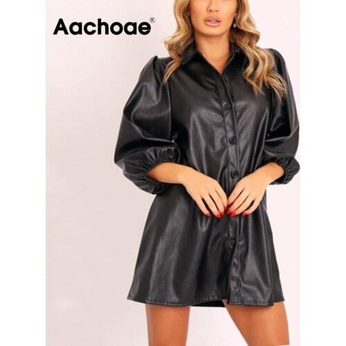 Aachoae Women Streetwear Mini Pu Leather Dress Lantern Sleeve Chic Black Dress Turn Down Collar Loose A Line Dress Sundress