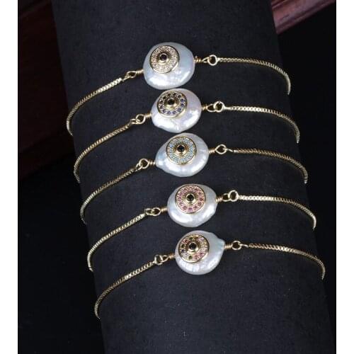 Multi color cz pave evil eye protection charm natural flat freshwater pearl bead link bracelet for women wedding birthday gift