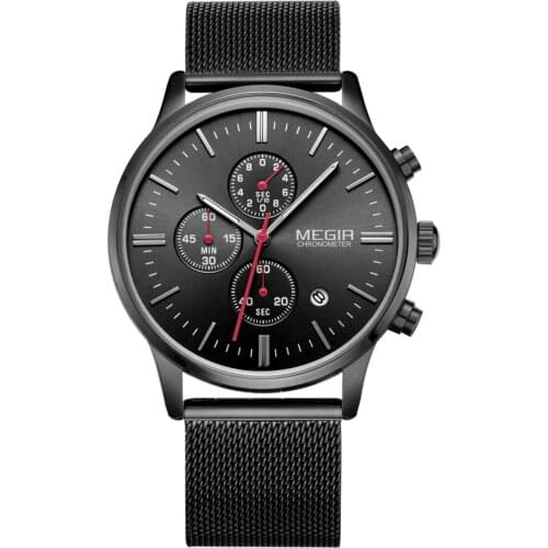 Fashion Luxury Brand MEGIR Watches Men Stainless Steel Mesh Band Quartz Sport Watch Chronograph Mens Wrist Watches Clock Men
