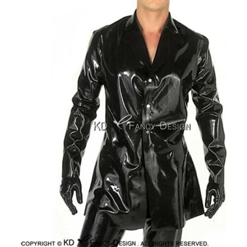 Black Sexy Long Latex Jacket With Buttons Front Rubber Coat Clothing Clothes YF-0071