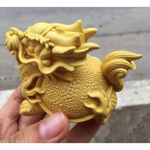 Wooden dragon tortoise mascot sculpture statue Hand carved solid wood God beast Dragon tortoise Home decoration figurines