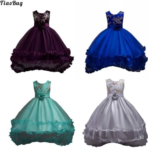 TiaoBug Kids Girls Dress Round Neck Sleeveless Back Zipper Embroidered Flower High-Low Lace Hem Birthday Wedding Party Costume
