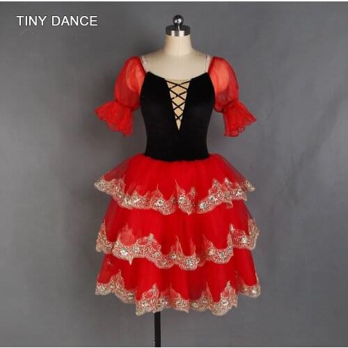 Long Ballet Dance Tutus Girls Ballerina Costume Velvet Bodice with 3 Tiered Romantic Tutu Skirts Women Red Spanish Dress 20537