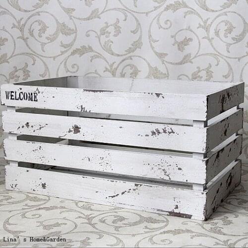 "WELCOME" Distressed Chalk White 4 Panels Solid Fir Wood Crate Box