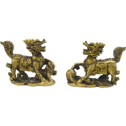 Feng Shui 2pcs Imitation Brass Chi Lin Qi Lin Chinese Dragon Horses Statue AA220