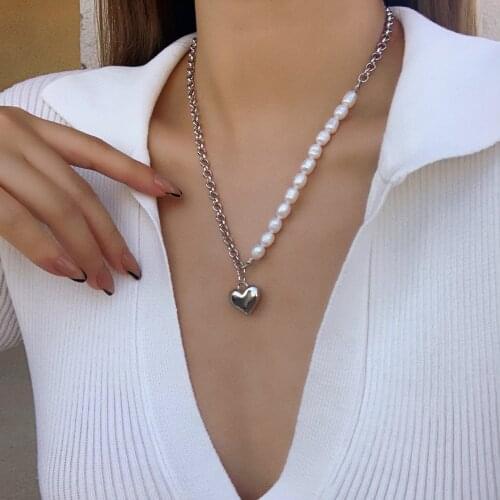 Flashbuy Elegant Heart Pendant Necklaces for Women Baroque Natural Pearl Real Gold Plated Copper Chain Choker Necklaces Jewelry