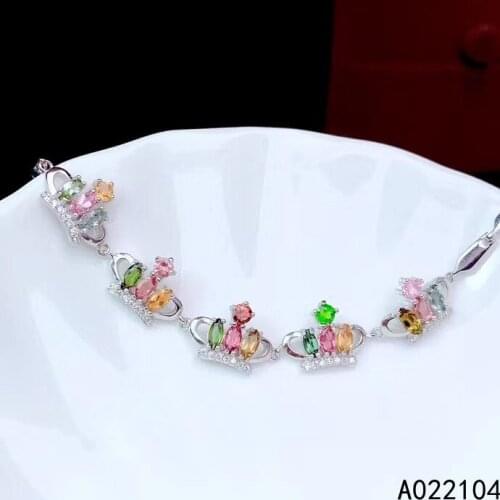 KJJEAXCMY fine jewelry 925 sterling silver inlaid Natural tourmaline women trendy popular crown gem hand bracelet support detect
