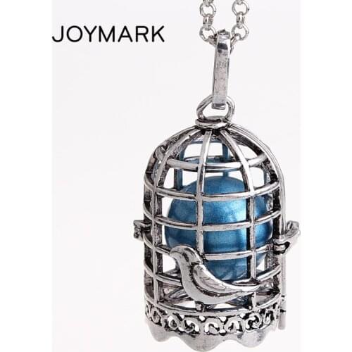 JOYMARK 12pcs/lot Hollow Metal Bird Cage Chime Box Musical Sound Ball Pendant Long Chain Pregnancy Necklaces For Women HCPN15