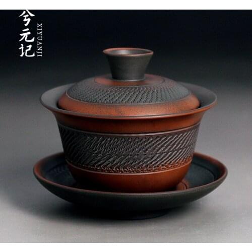 Pottery cup with lid, hand carved jumping knife tea bowl with lid, single Sancai tea making Kungfu ceramic tea set