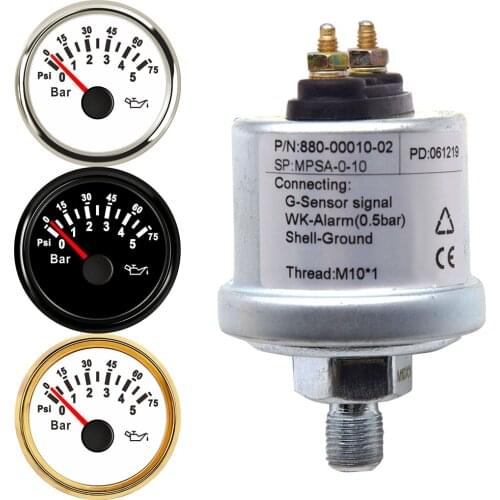 52MM Gauge Oil Pressure Gauges 0-75PSI Marine Boat Yacht 0-5Bar Oil Pressure Gauge with Press Sensor NPT1/8 M10X1 Sensor