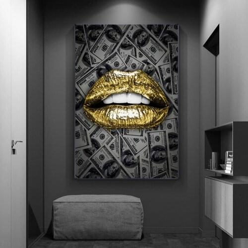 Wall Loft Decor Poster Money Dollars Picture for Home Design Art Prints Gold Lips Paintings for Bedroom Frameless Room Decor