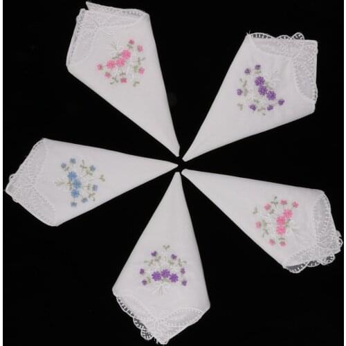 5pc Womens Cotton Thin Floral Embroidered Lace Handkerchief 60S cotton White 27 x 27cm Hanky Luxury Ladies Handkerchief Fabrics