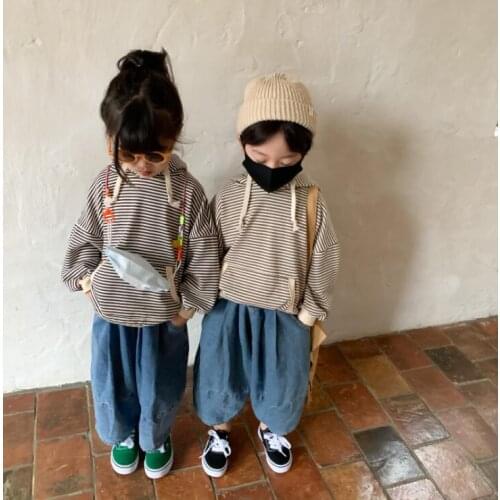 2021 new arrival girls boys striped autumn full sleeve casual cotton kids hooded sweatshirt