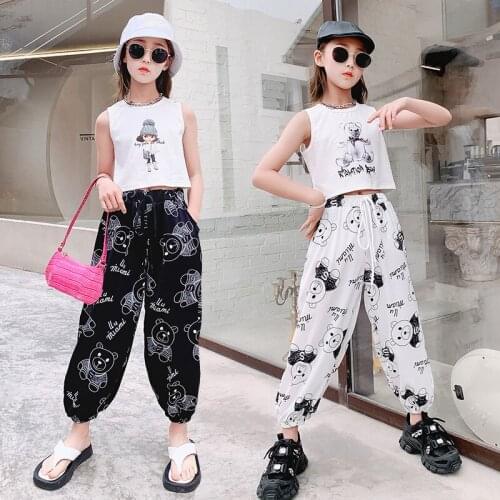 Girls Clothes Summer Outfits Little Bear Printed Slim Short T-shirts Loose Sweat Pants 5 6 7 8 9 10 11 12 13 Yrs Children Sets