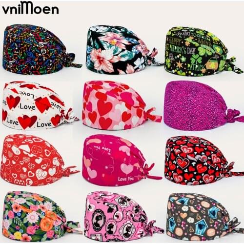 Wholesale lab Cotton Breathable Print Adjustable Pet Work Hat Adjustable laboratory Cap Women Men Beauty Salon Scrubs dust cap