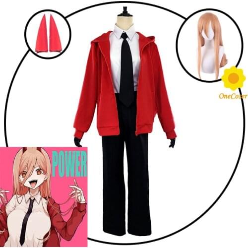 Power Cosplay Costume Wig Anime Chainsaw Man Red Hoodies Pants Suit Horn Hairpin Outfits Halloween Party Uniform Girls Women