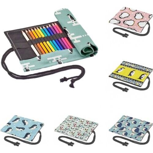 Penguin Printed Pencil Case 12/24/36/48/72 Holes Cute Funny Roll Student Canvas Pencil Bag School Supplies Drawing Art Pen Bag