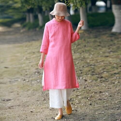 Y785 A SummerImprovement Cheongsam Jade Buckle Self-cultivation Thin Ramie One Used Dress V Lead Double-deck